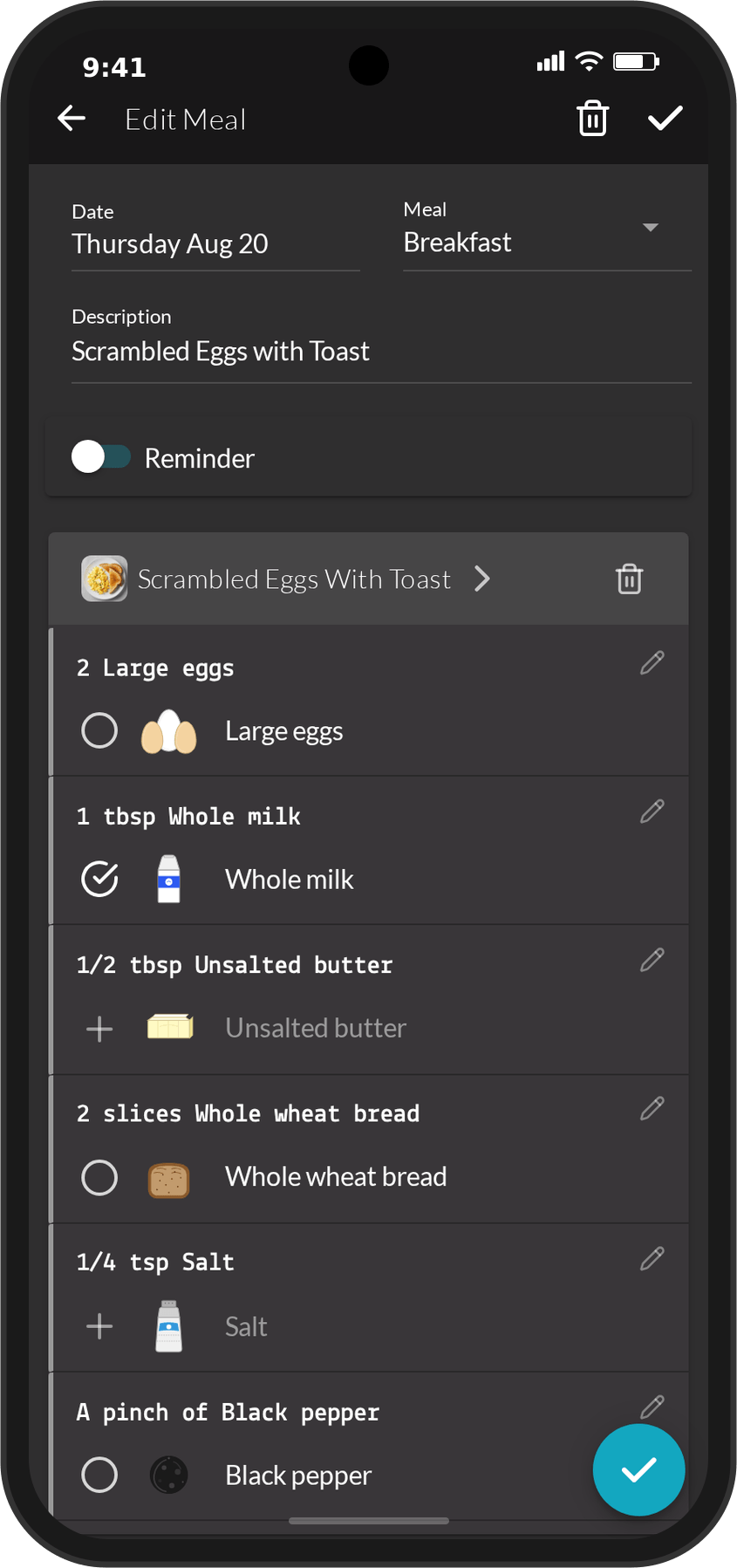 Meal Edit View (Dark Mode)